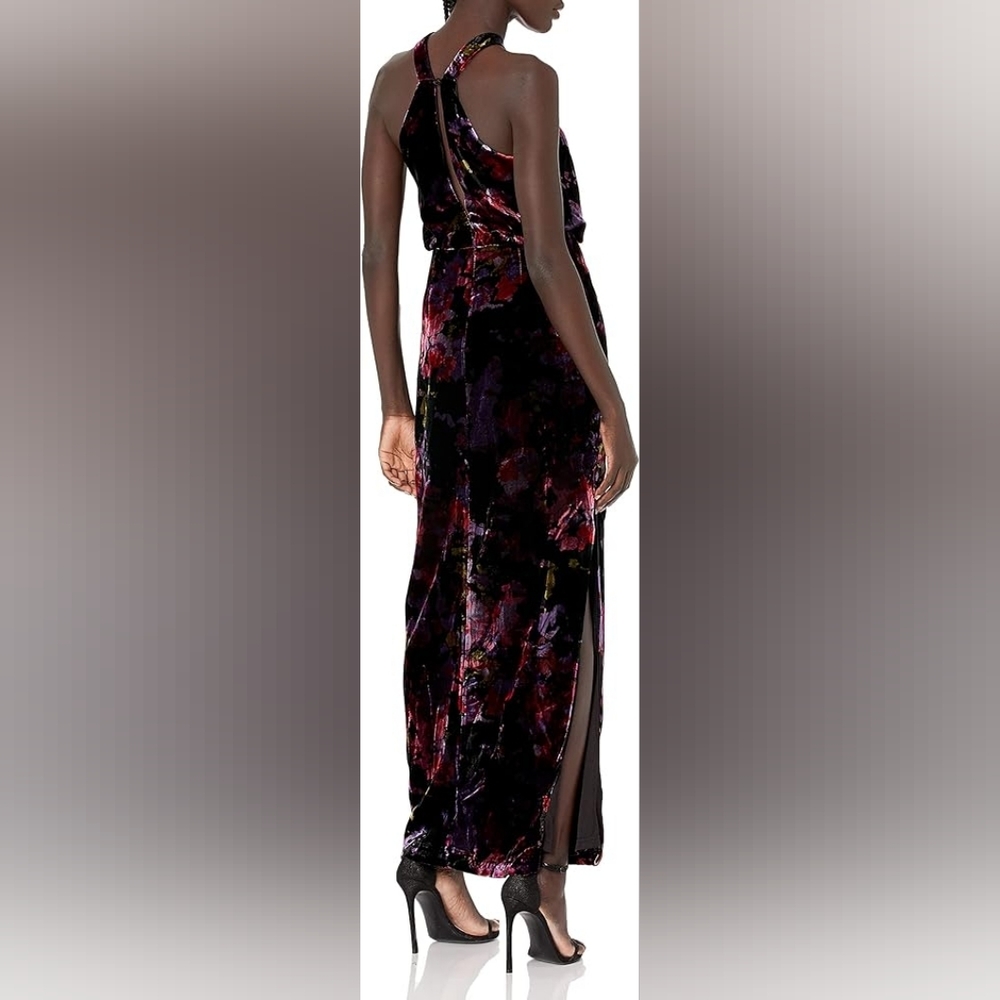 Aidan Mattox Floral Velvet Halter Gown - Picture 2 of 9